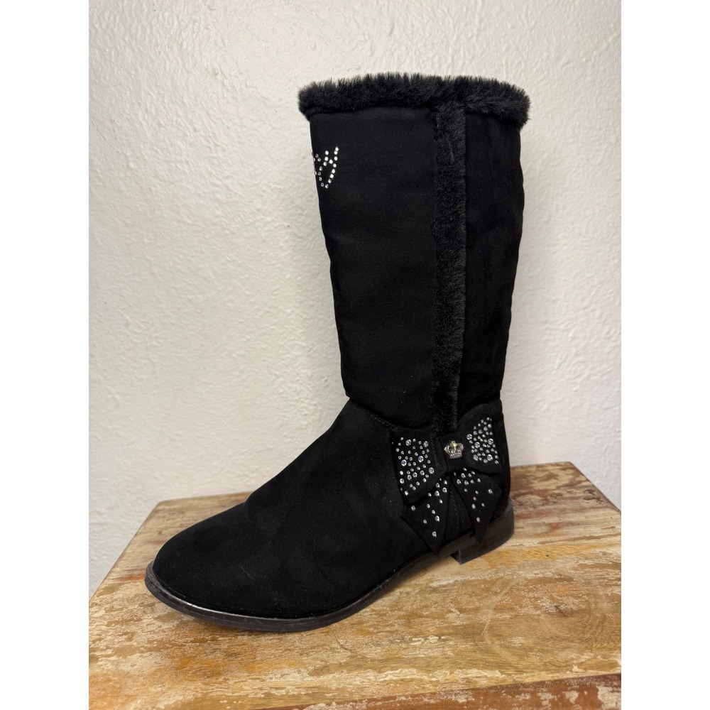 Juicy Couture Girls 5 Riding Boots Black Faux Suede Rhinestones Bow‎